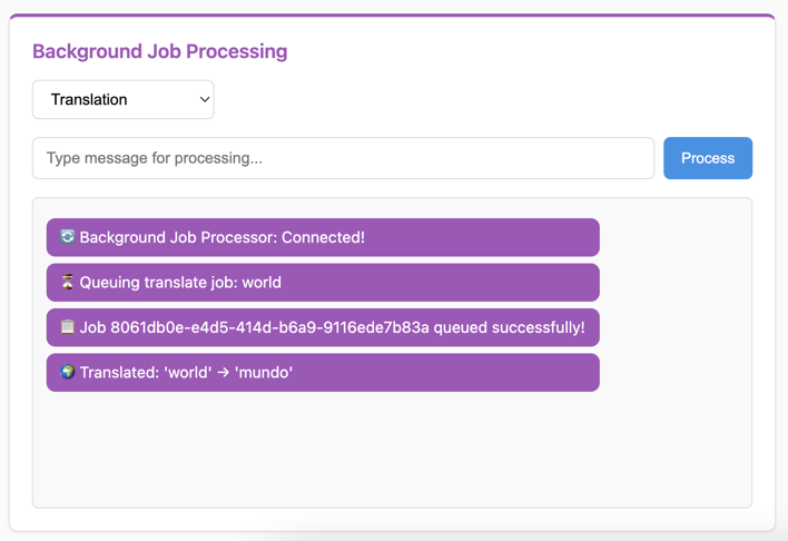 Background Jobs demo showing asynchronous processing with real-time updates